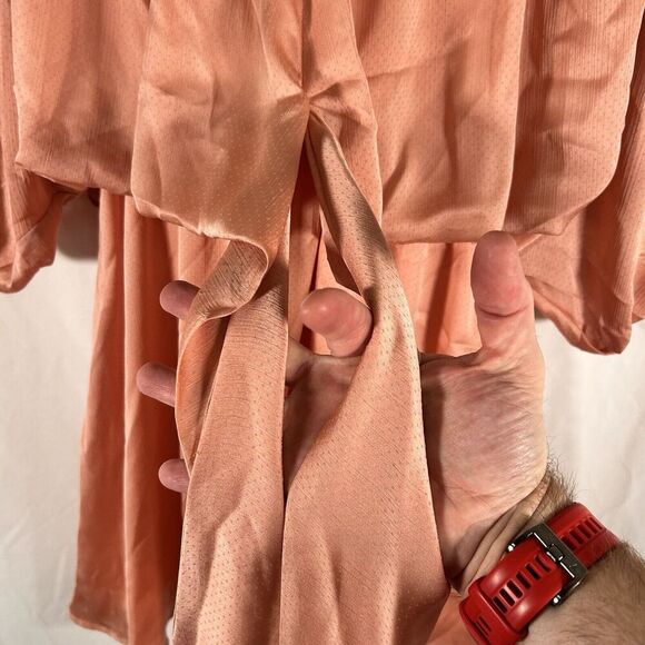 New STORIA Mini Dress Women's Large Pink Vneck Tie Elastic Waist Short Sleeve - Picture 5 of 10